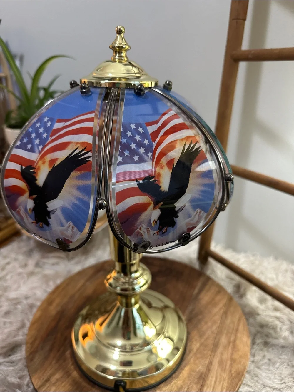 Vtg Patriotic Small Touch Lamp OK LIGHTING Bald Eagle Mountains American Flag